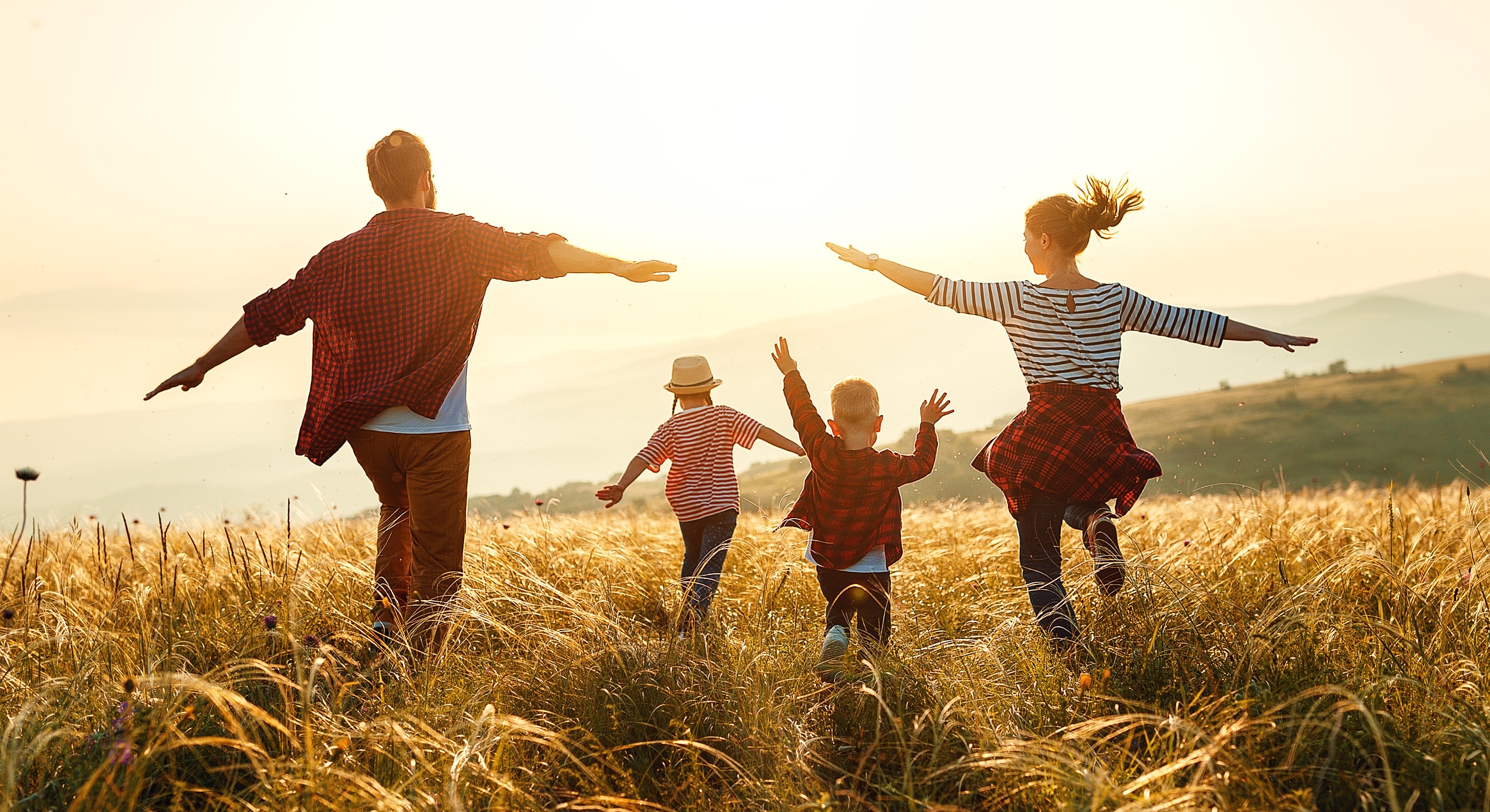 Family playing in a golden field at sunset.